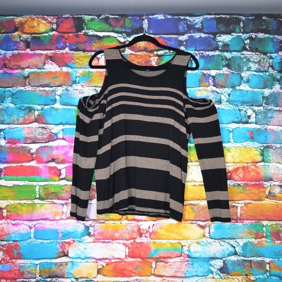 Cable & Gauge Black & Tan Striped Cold Shoulder Long Sleeve Top Size L - Picture 4 of 5